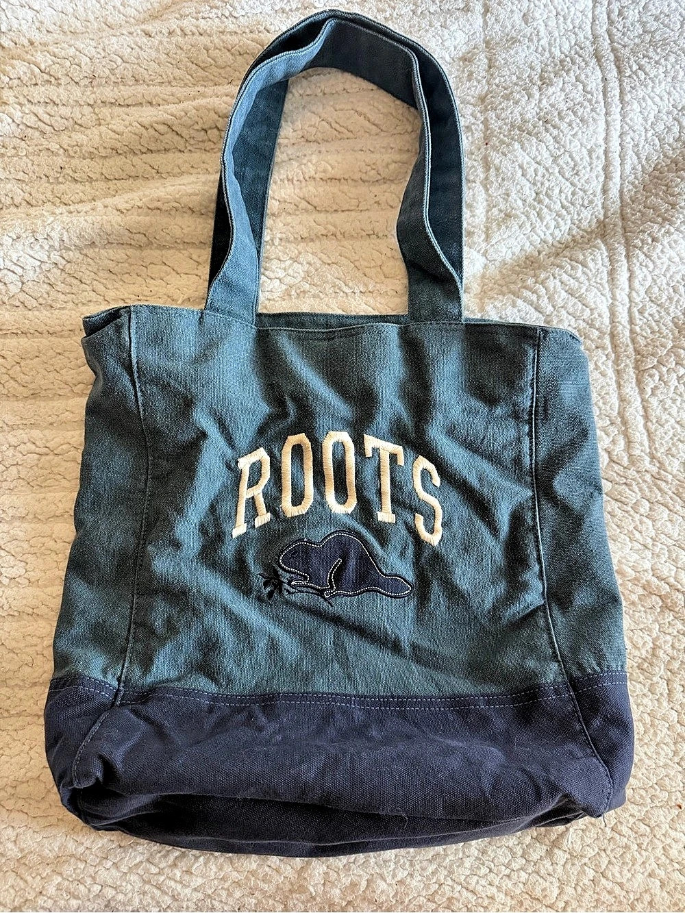 Roots VTG Embroidered 100% Cotton Canvas Logo Zipper Tote in Blue & Green
